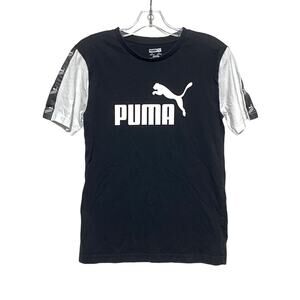 Puma Spell Out Black White Colorblock Shirt Tape Sleeve Logo Kids Boys L 14-16